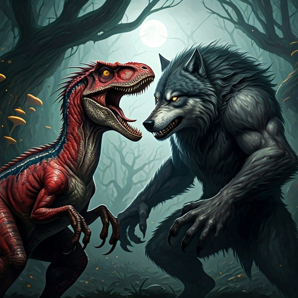 Red Velociraptor vs Grey Werewolf in Fantasy Realm