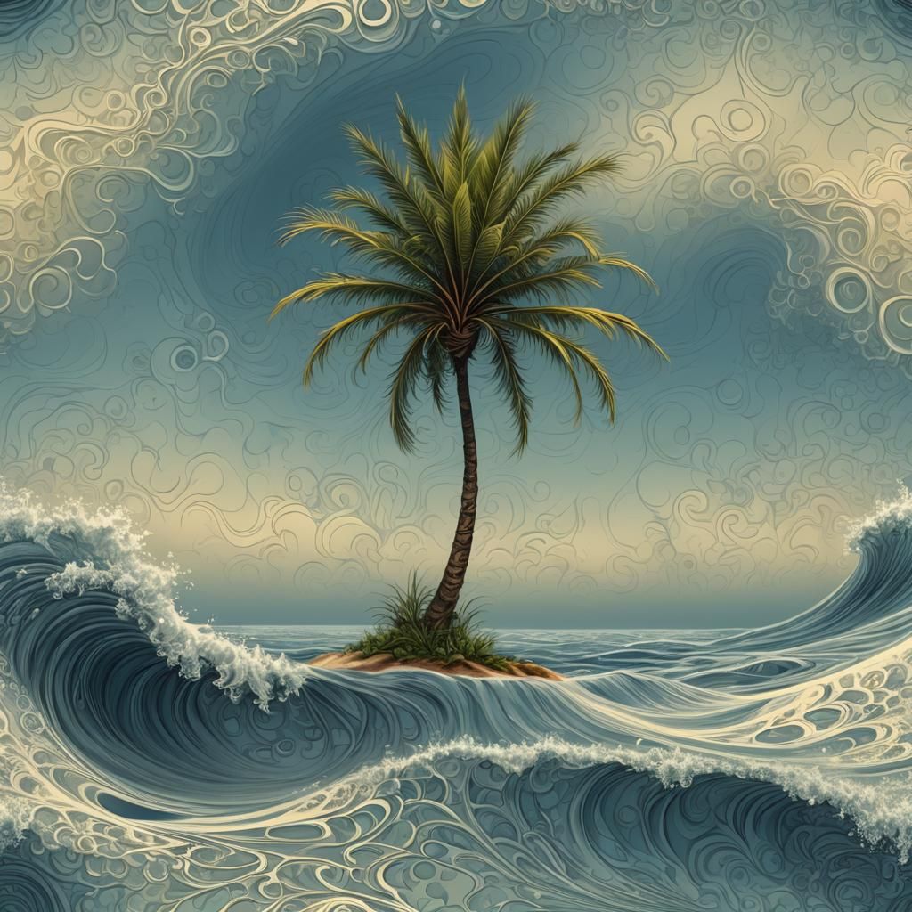 Lone Palm in Ocean: Abstract Vector Art