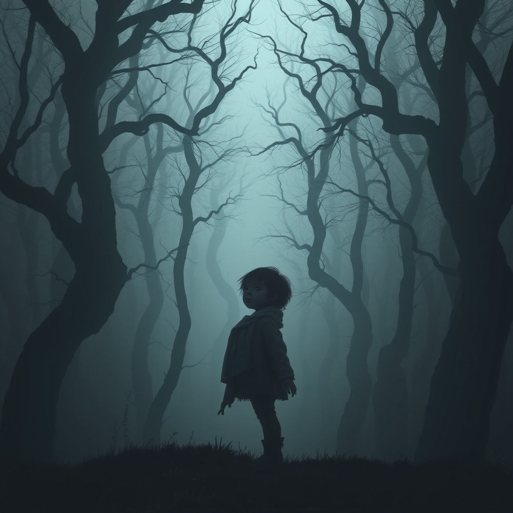 Mysterious Child at Forest Edge in Moody Landscape