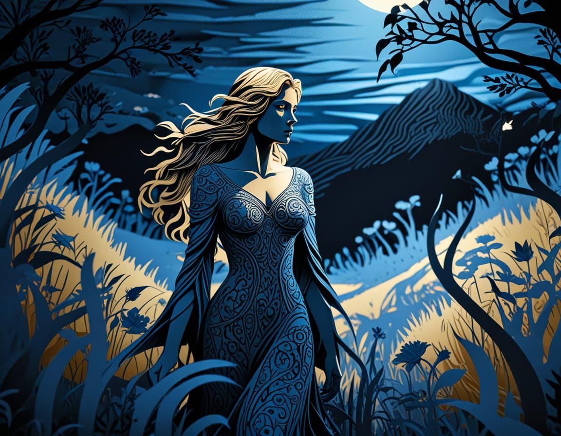 Lilith in Blue Meadow: Dark Fantasy Papercut Illustration