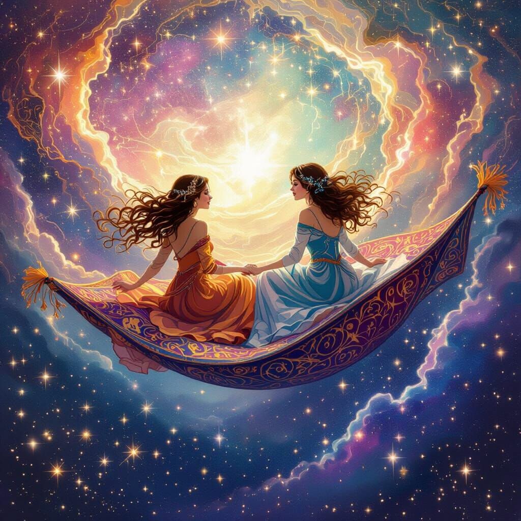 Women Share Magic Carpet Ride Through Starry Dreamscape