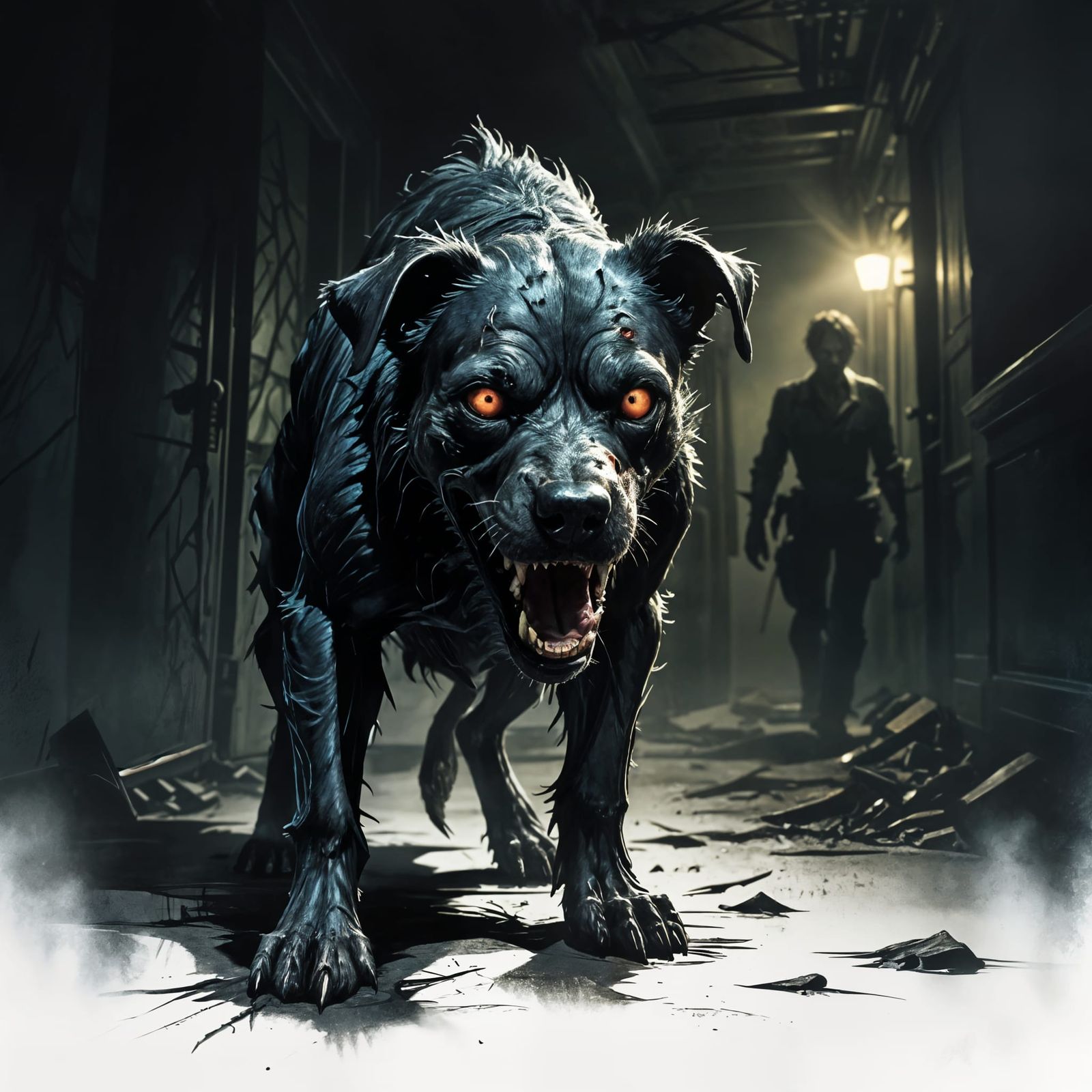 Zombie Dog Growling in Shadows: Comic Oil Pencil Art