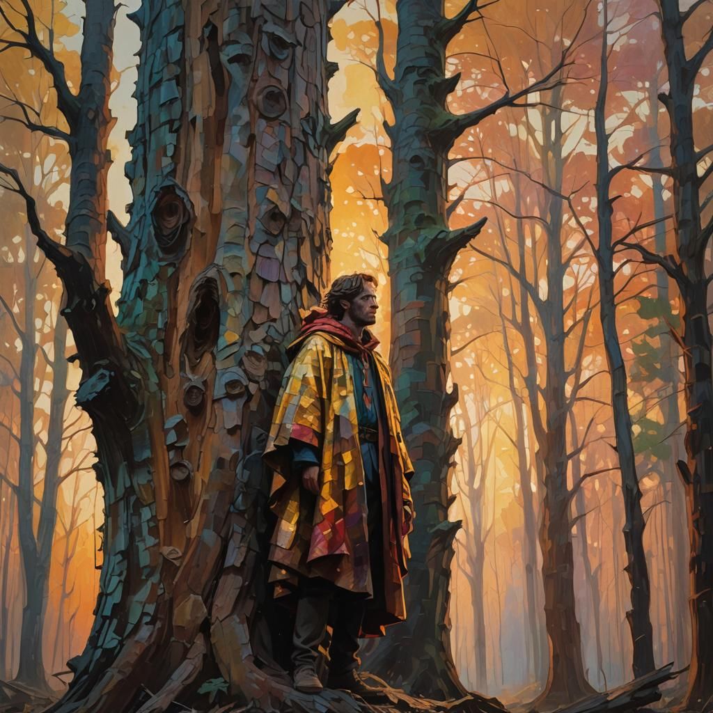 Mystical Forest Figure in Post-Impressionist Style