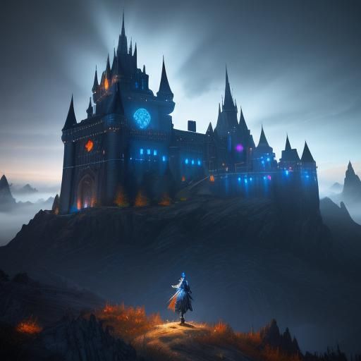 Dark Fantasy Castle with Woman and Glowing Man