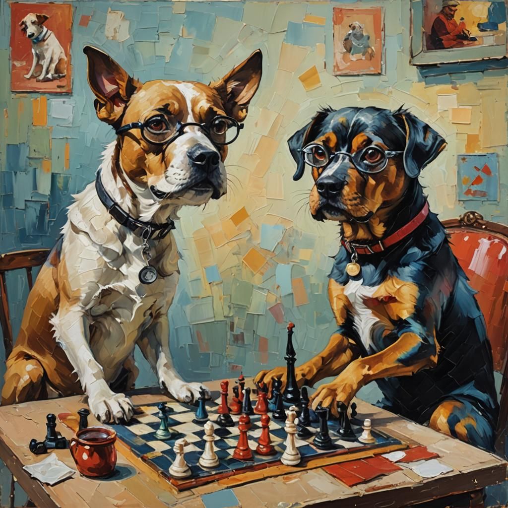 Dogs Playing Chess in Neo-Expressionist Oil Painting