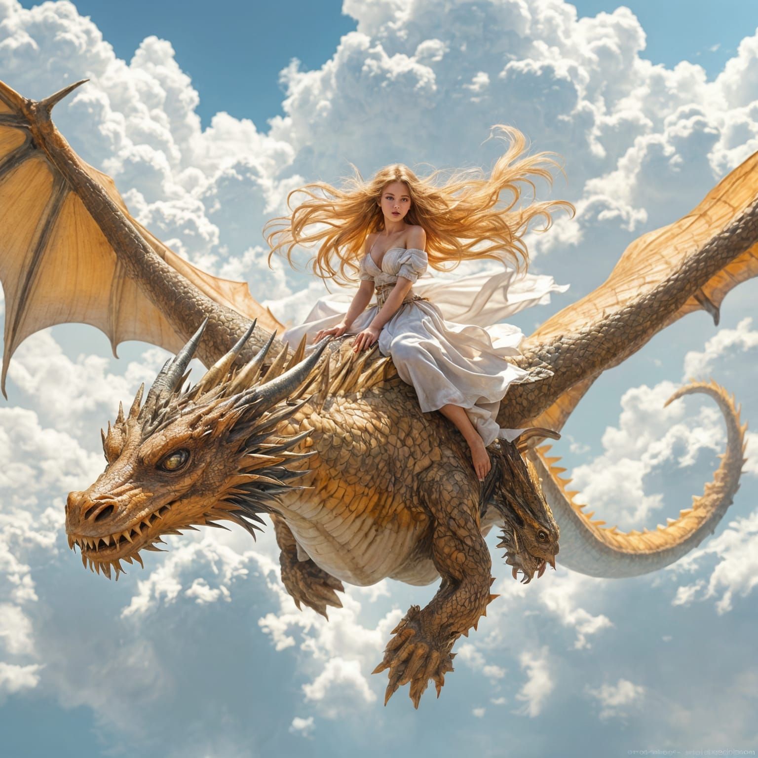 Charming Maiden Rides Flying Dragon Through Clouds