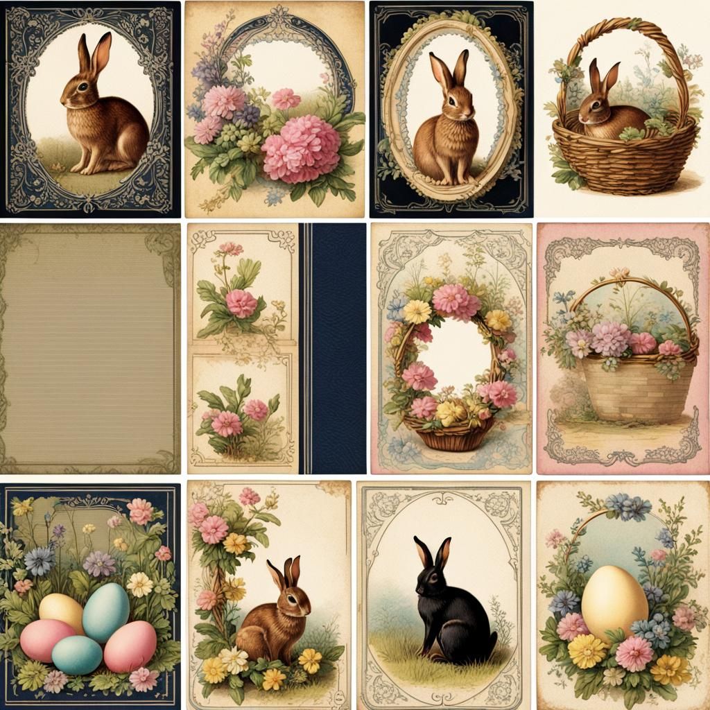 Vintage Journal Cards with Rabbits in Gouache Style