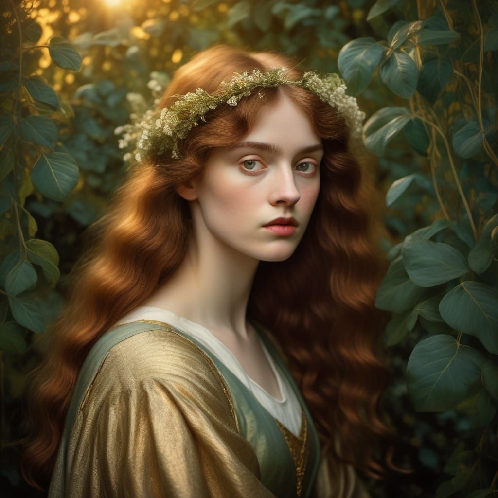 Pre-Raphaelite Portrait of a Melancholic Woman in Golden Lig...