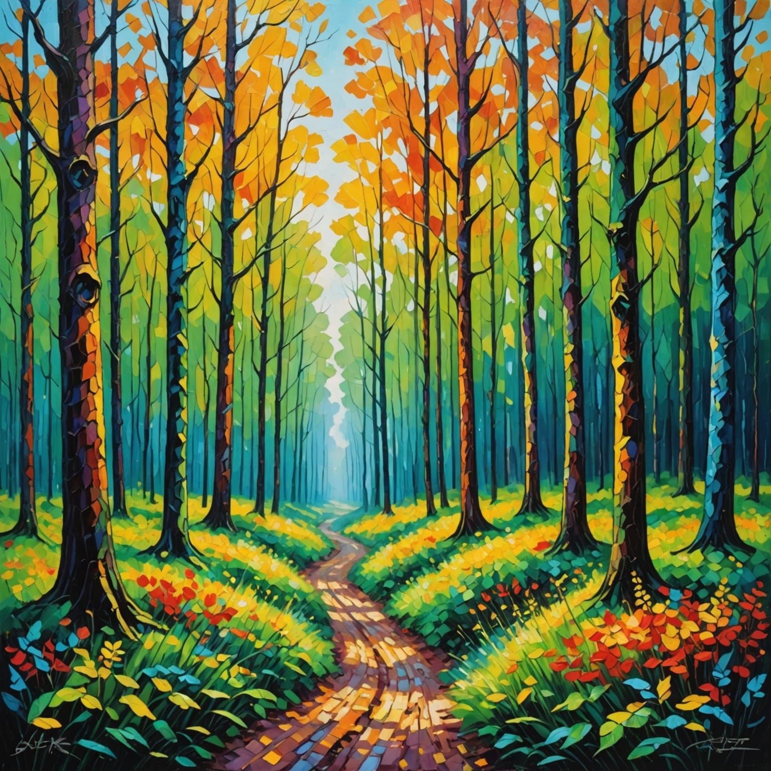Shining Forest Morning Light in Neo-Impressionist Style