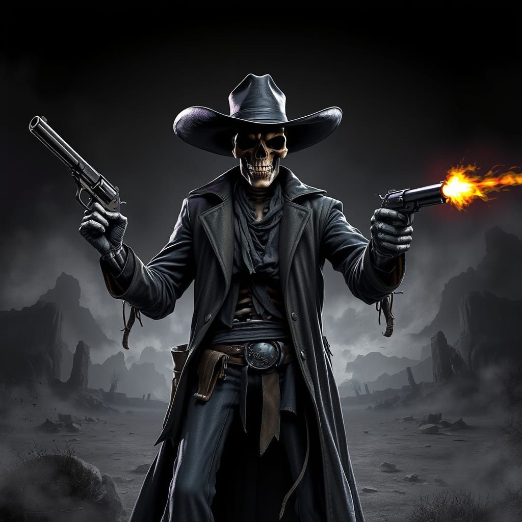 a black and white photo of a skeleton with guns, skeleton co...