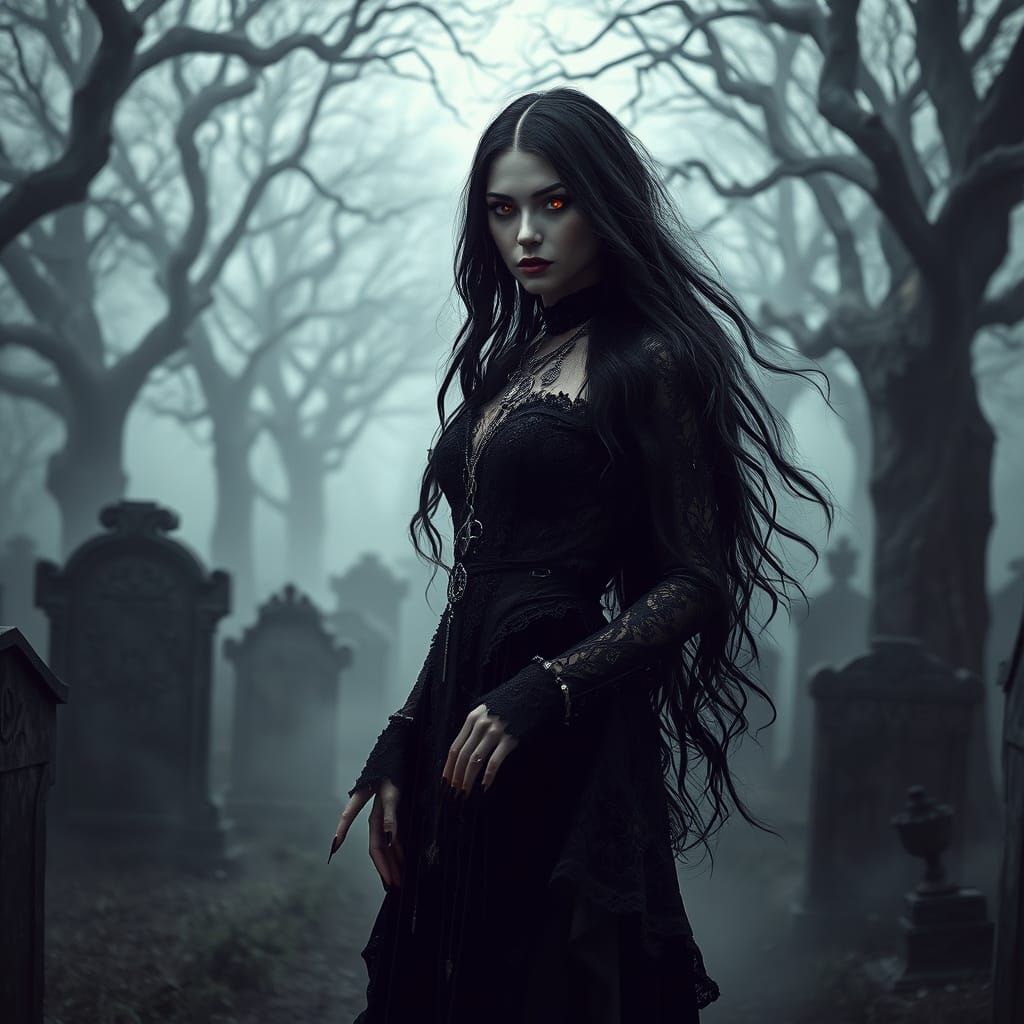 Eerie Gothic Woman Summons Spirits in Graveyard