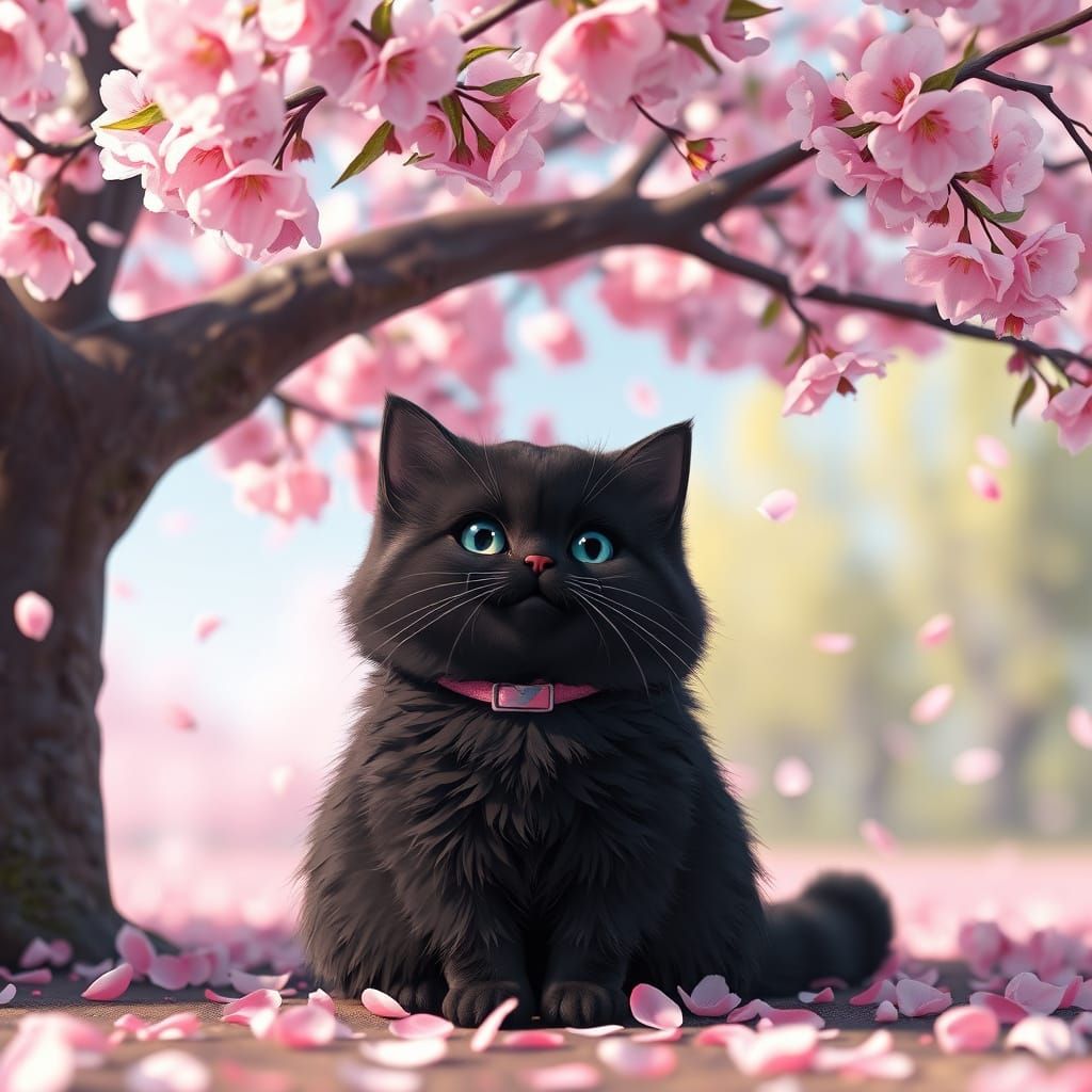 Fluffy Black Cat in Vibrant Cherry Blossom Scene