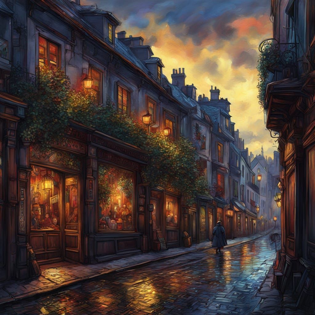 Evening Stroll: Detailed Matte Painting in Neo-Impressionism