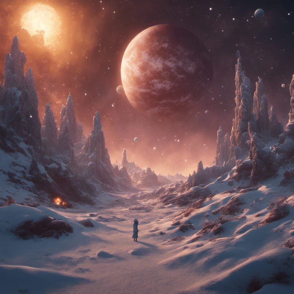 Snowy Magic Universe with Planets in Detailed Painting