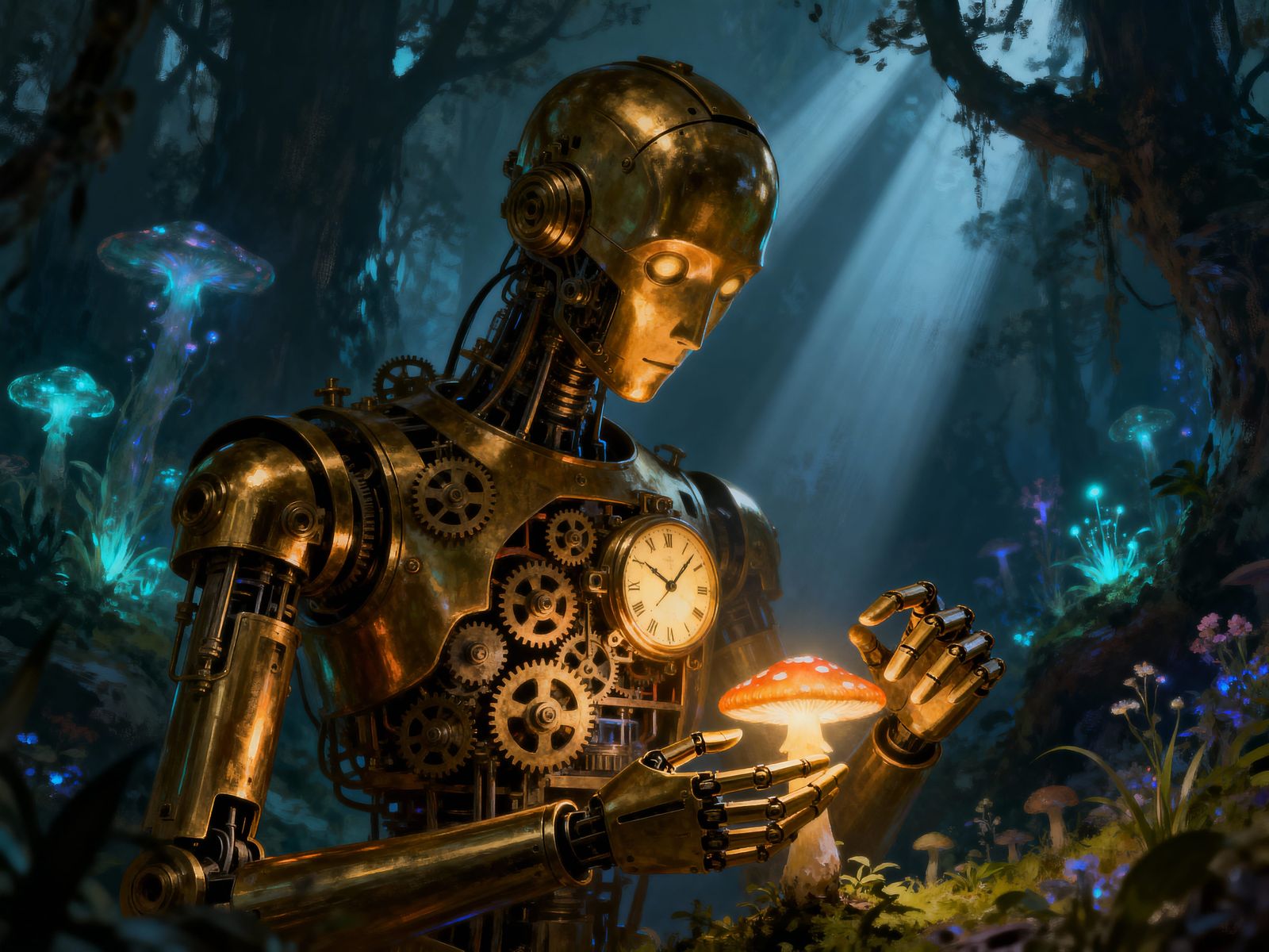 Brass Automaton in Bioluminescent Forest