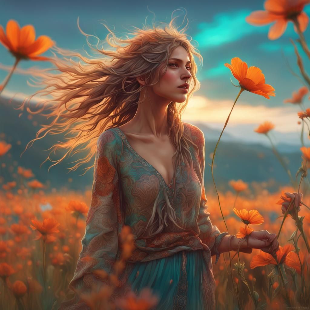 Boho Girl in Flower Field, Dynamic Lighting