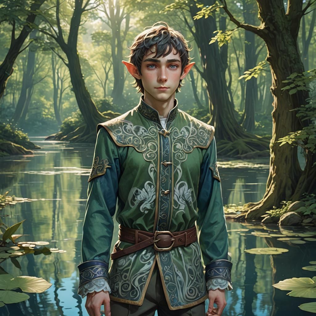 Handsome Elf Man at Forest Lake in Anime Style