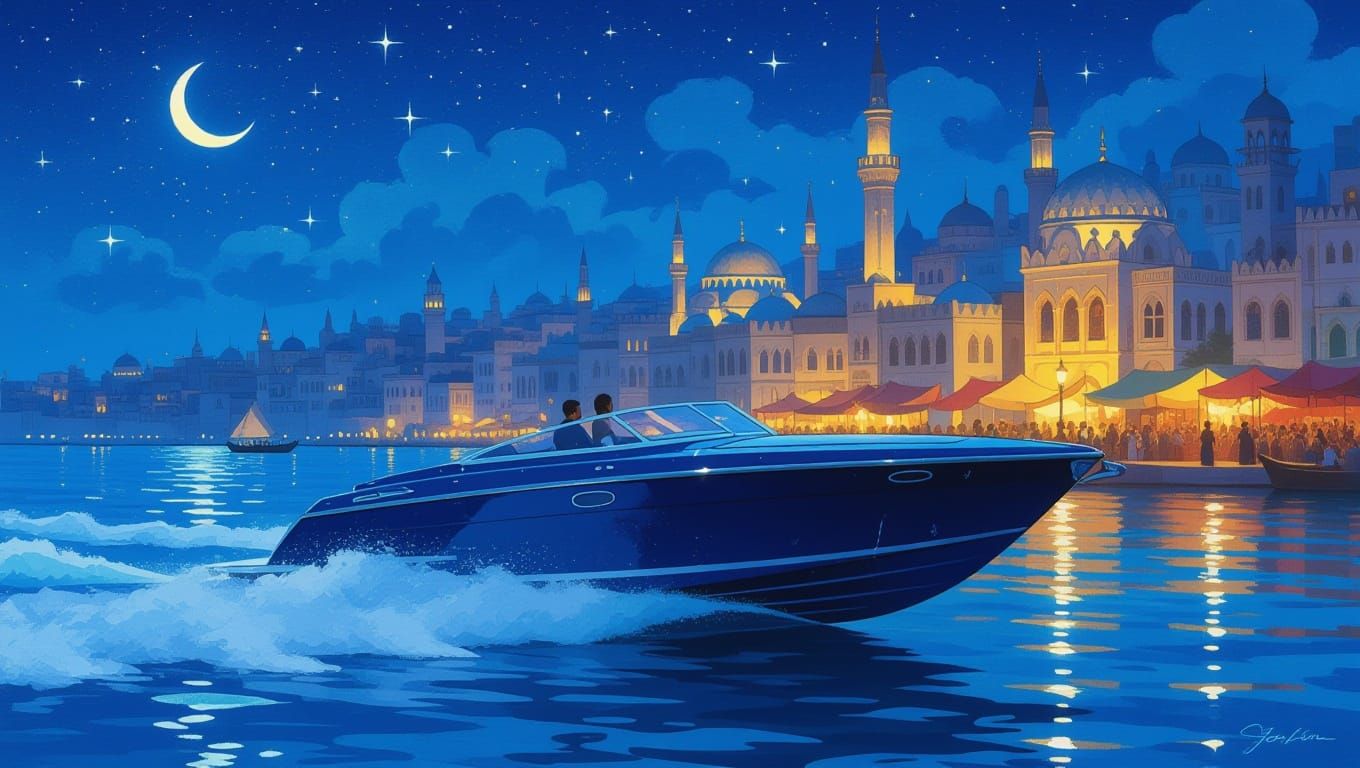 Cigarette Boat in Maxfield Parrish Middle Eastern City