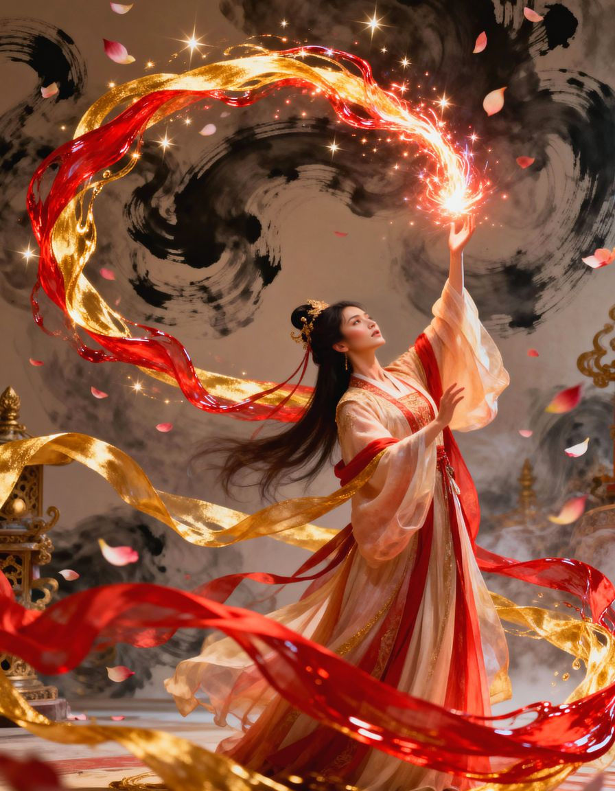 Woman Commands Ethereal Liquid Light in Celestial Dance