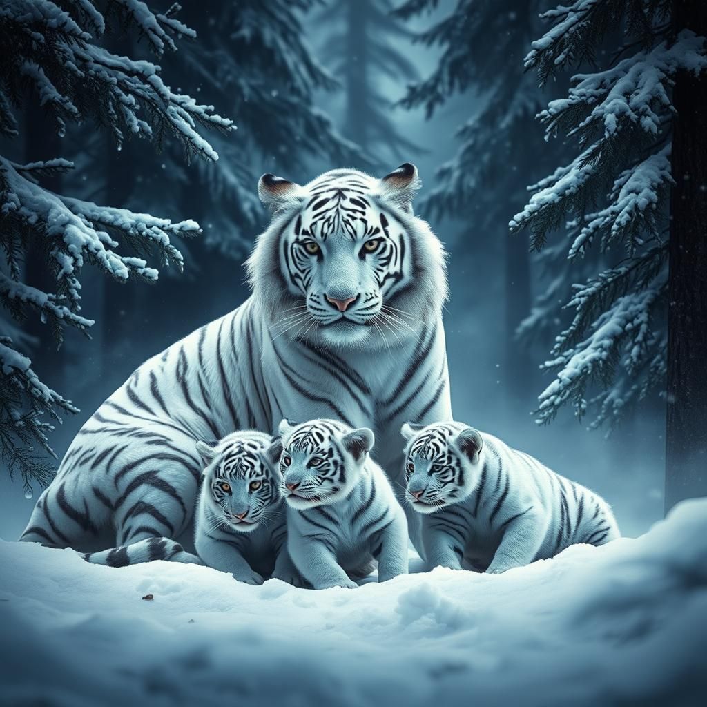White Tiger and Cubs in Winter Wonderland