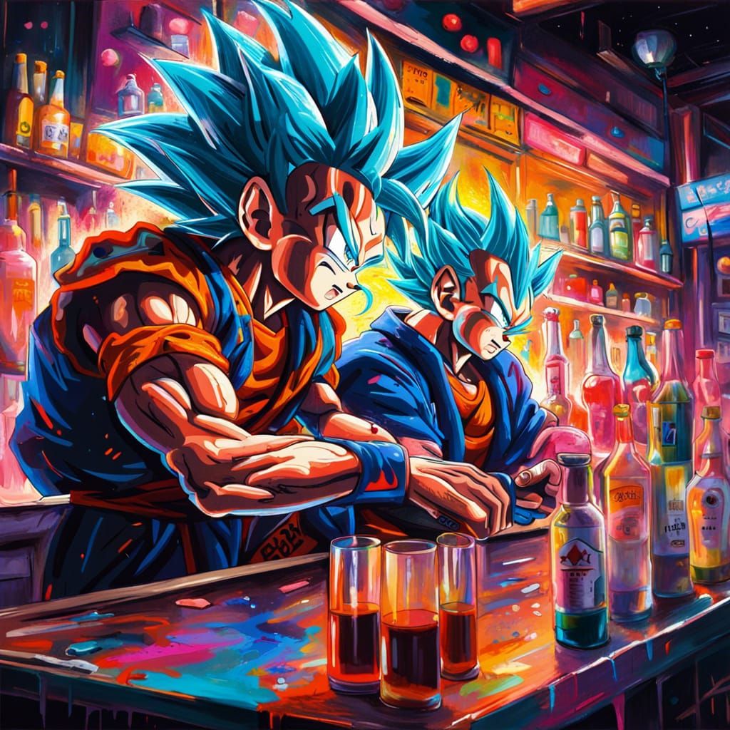 Goku and Vegeta in Neon City Graffiti Art