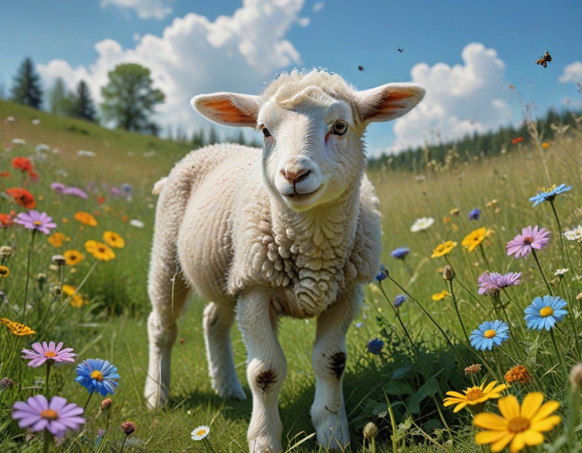 Young Lamb Exploring a Colorful Meadow