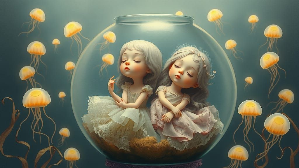 Dreamlike Figures in Fishbowl, Watercolor Style