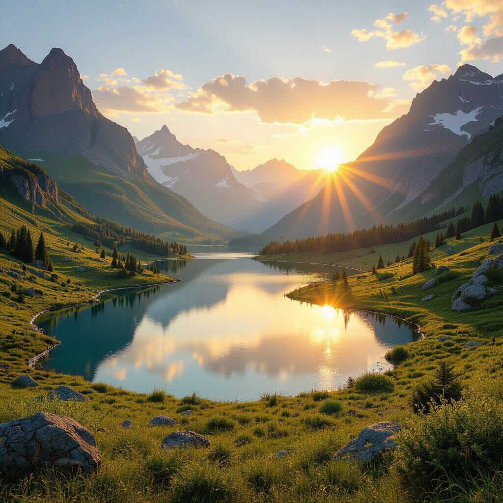 Golden Hour Mountain Valley Landscape with Reflecting Lake