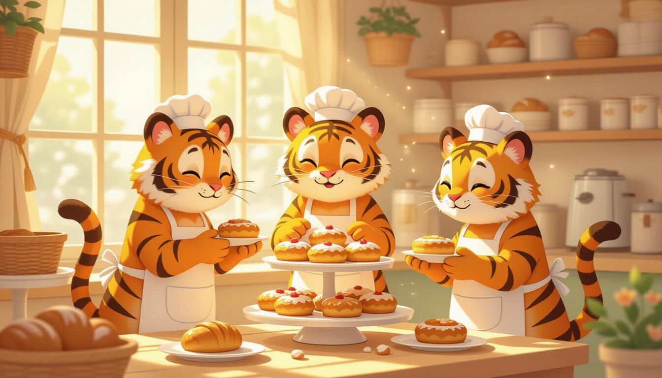 Anthropomorphic Tigers Baking Pastries in Cozy Bakery
