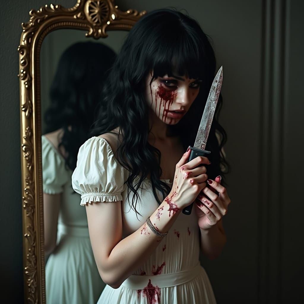 Scary Woman with Knife in Detailed Matte Painting