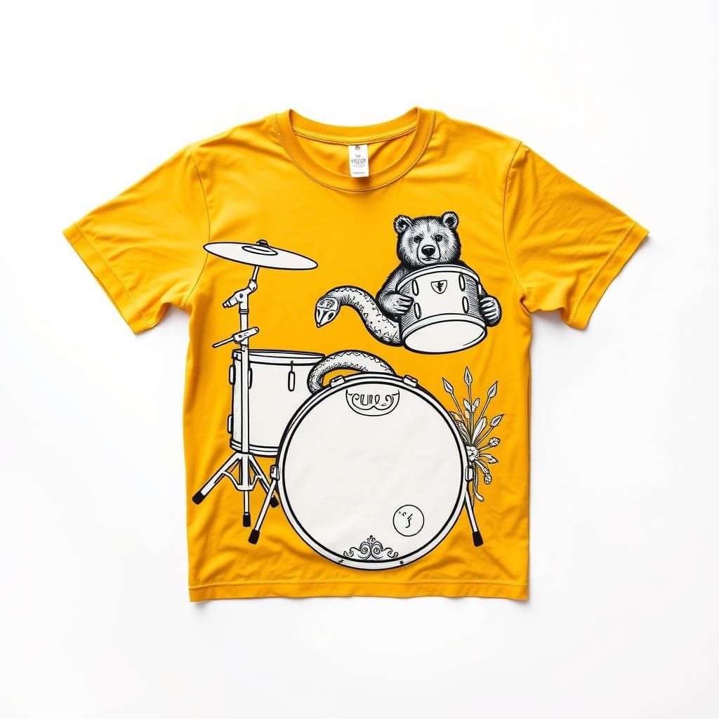 Vintage-Inspired Drum Set Illustration on Mustard Yellow T-S...
