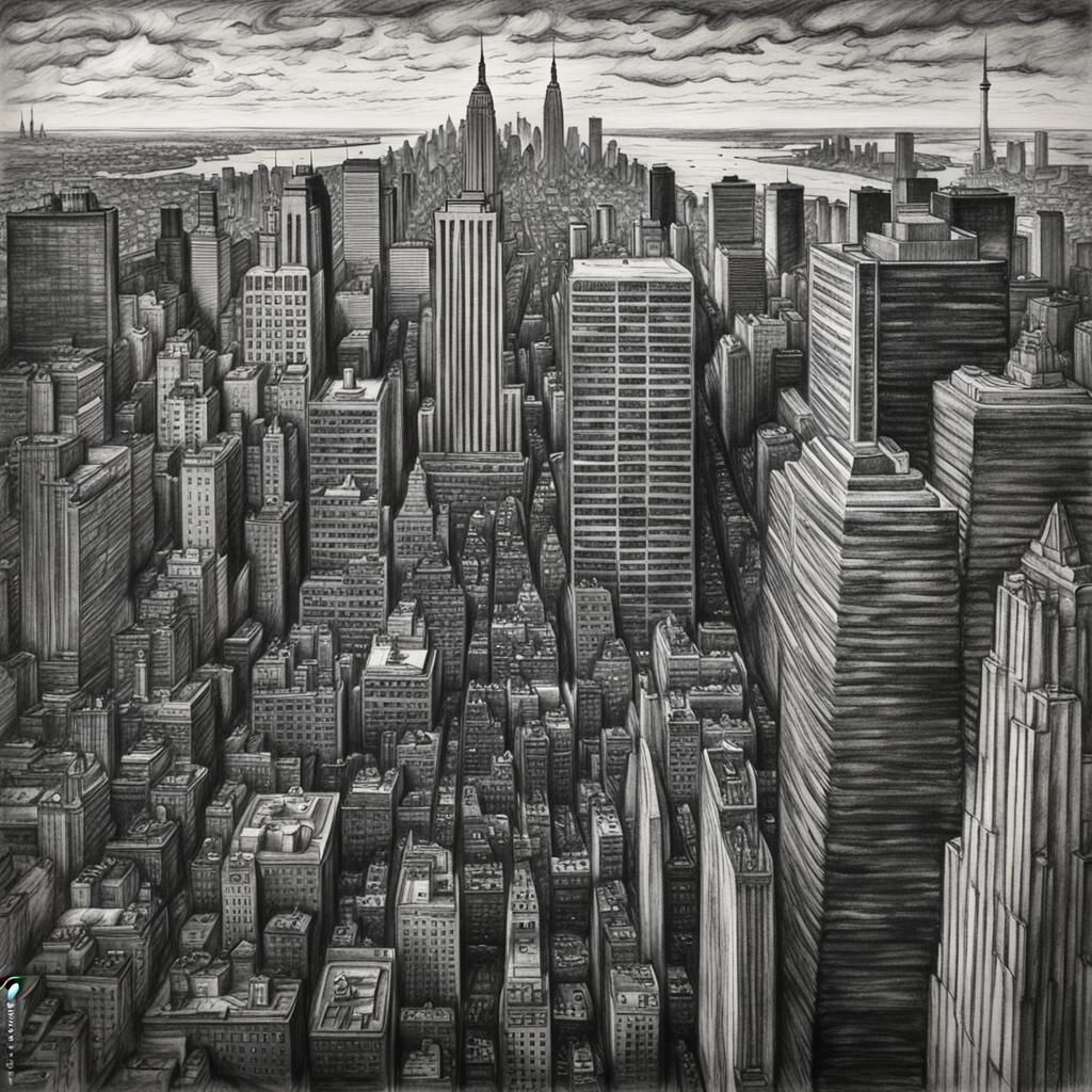 Hyperdetailed Charcoal Drawing of New York City Skyline