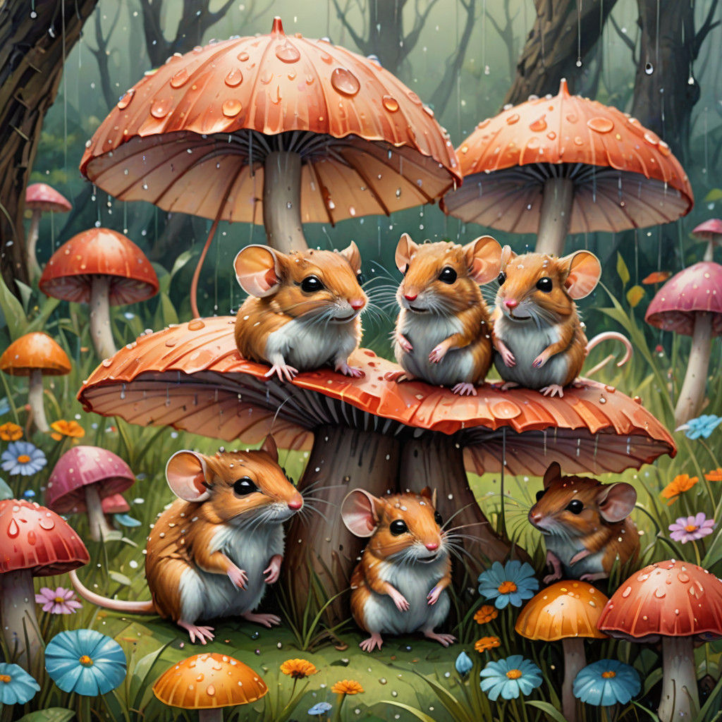 Fantasy Mice Seek Shelter Under Whimsical Umbrella Mushrooms