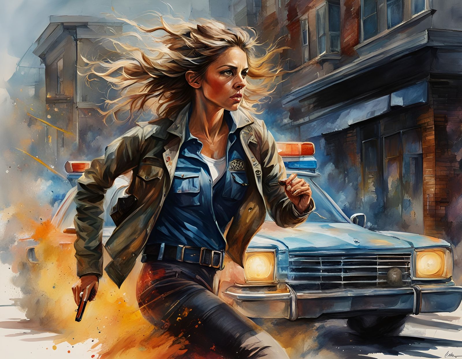 Female Suspect Escaping Police: Dystopian Watercolor Art