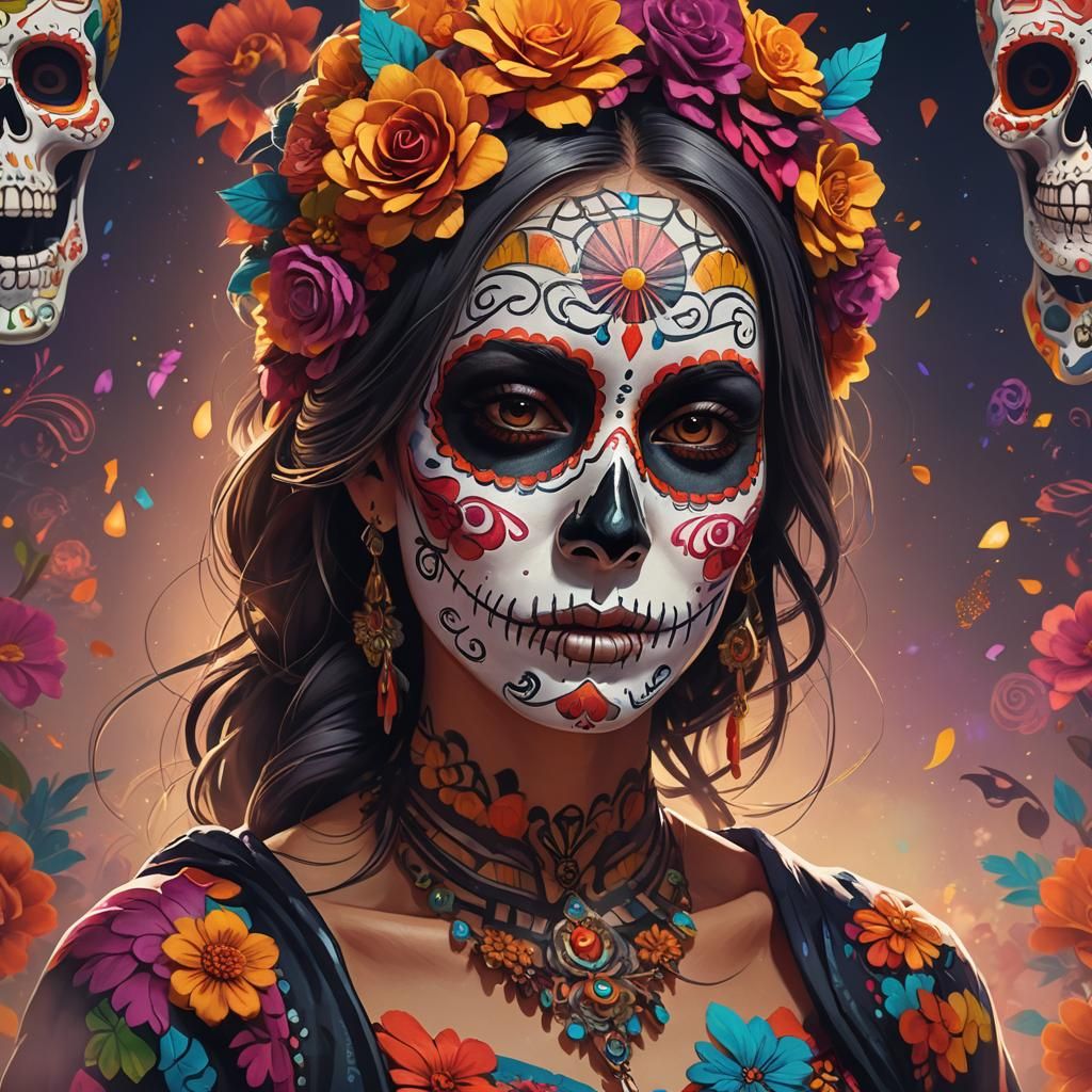 Woman in Colorful Día de los Muertos Face Paint