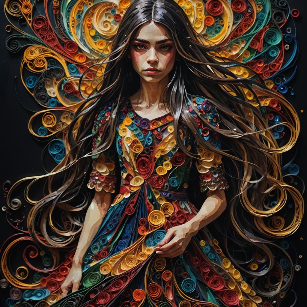 Expressionist Portrait of Girl Quilling in Dark Fantasy Styl...