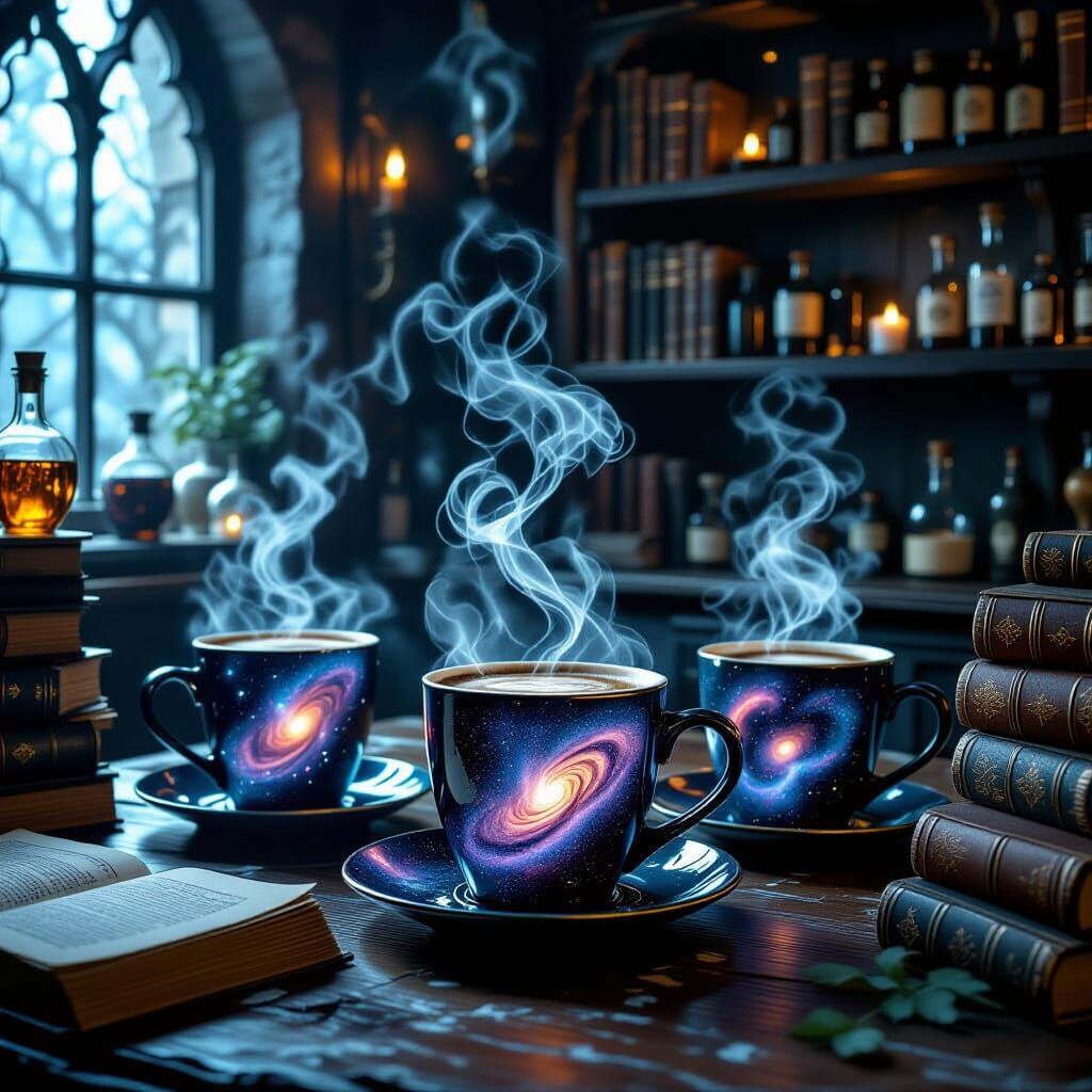 Gothic Coffeehouse With Galaxy Mugs and Spectral Steam
