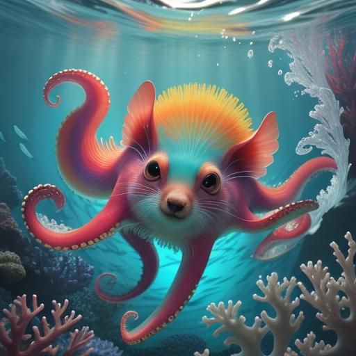 Octopus Puppy's Coral Reef Adventure: 3D Anime Art