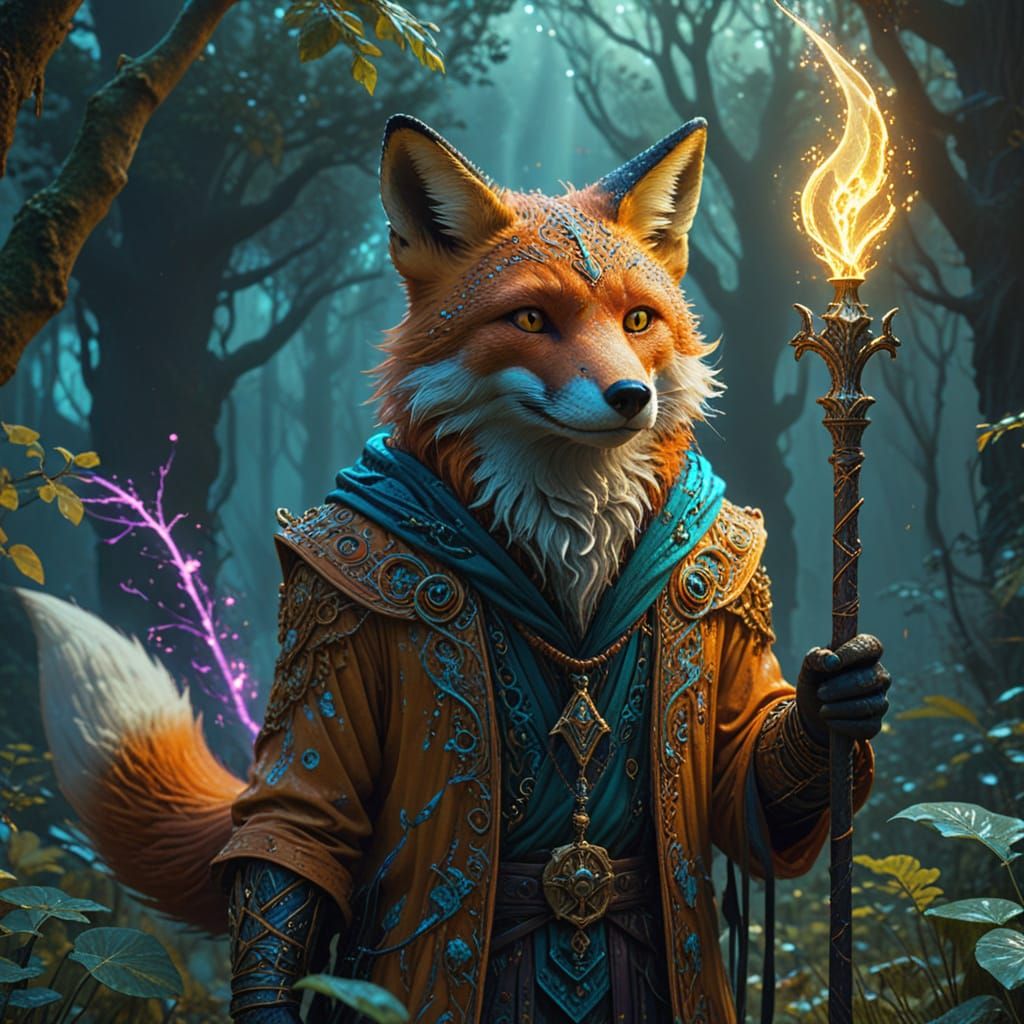 Ethereal Fox Wizard in Neon Jungle Clearing