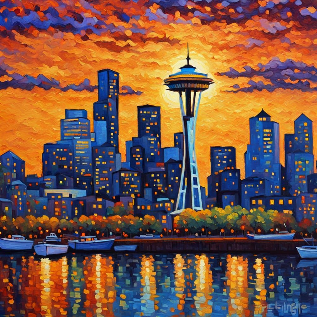 Seattle Cityscape in Neo-Impressionist Oil Painting