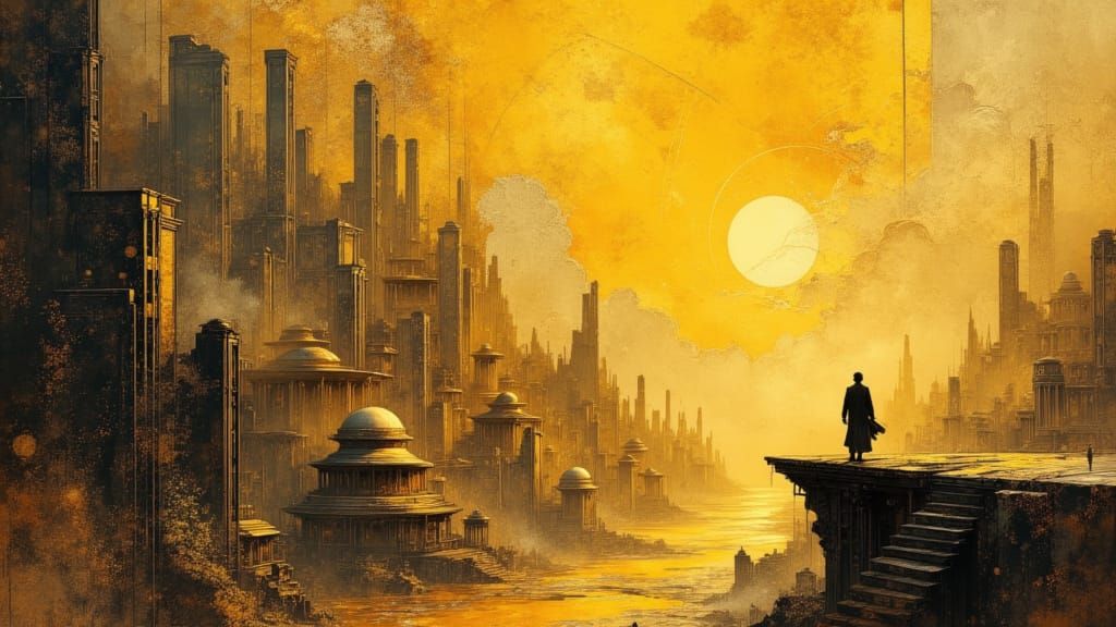 Ancient Cityscape with Molten Gold Rivers at Twin Sunset