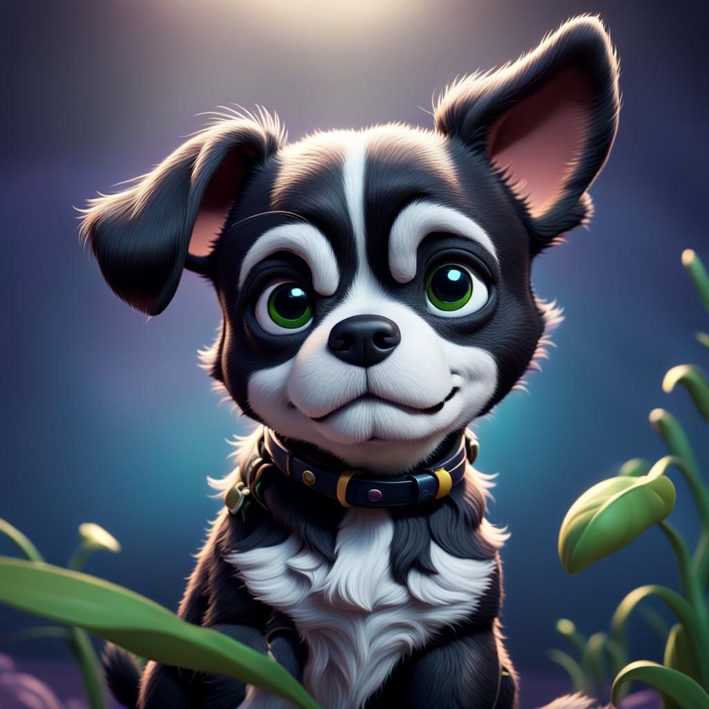 Cute Black and White Dog in 3D Style