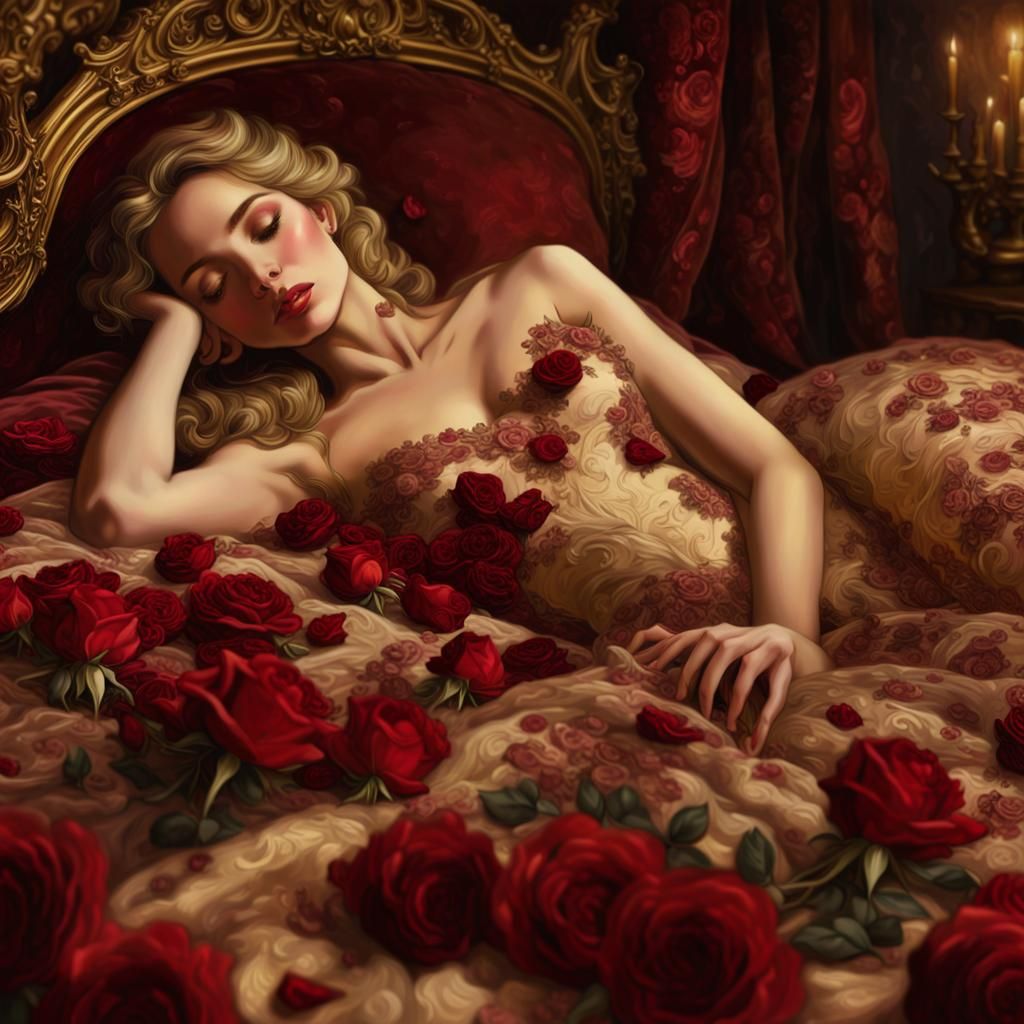 Romantic Woman on Bed of Roses in Oil Painting