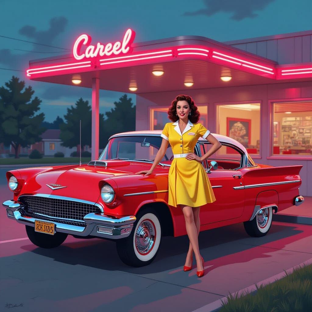 1950s Diner with El Camino in Hyperrealistic Style
