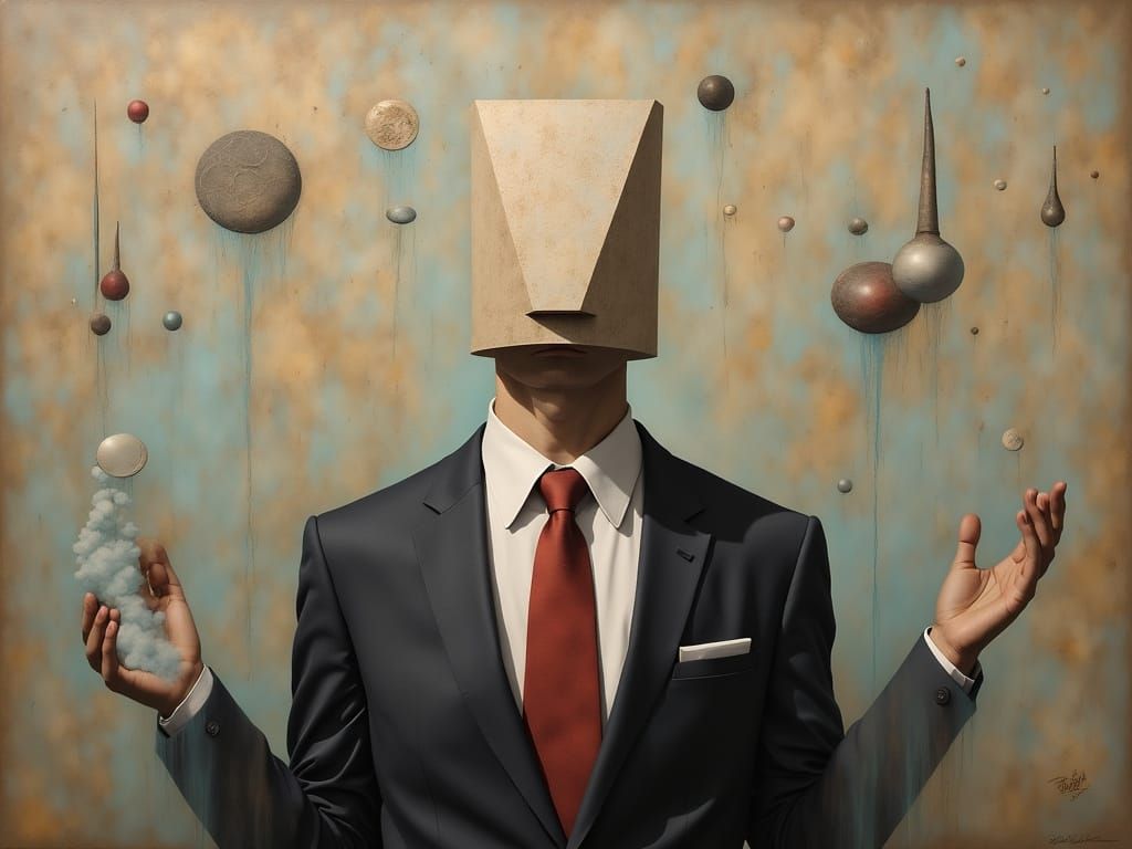 Surreal Man with Square Head Showcasing Dreamlike Abilities