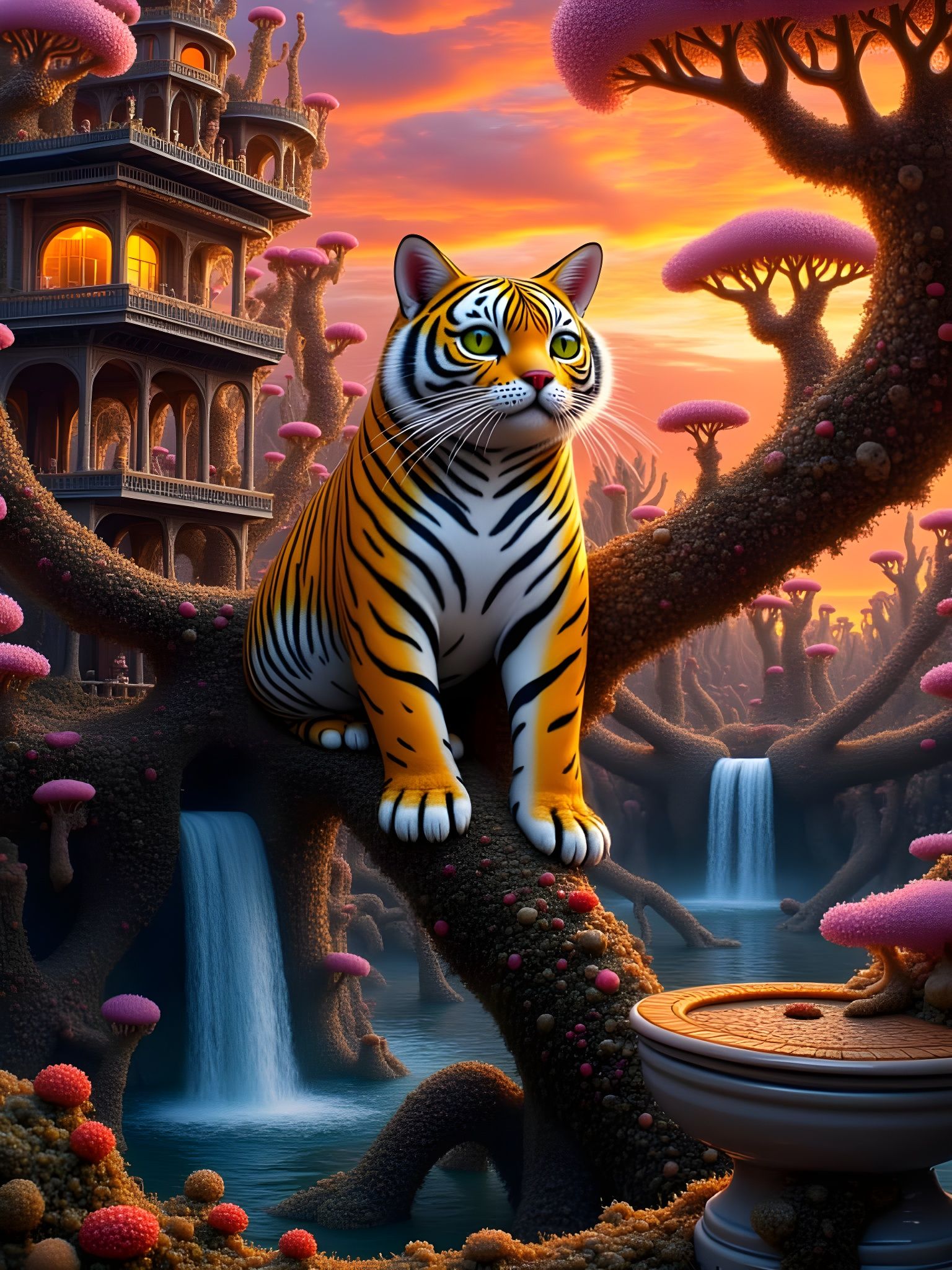 Colossal Tiger in Whimsical Pagoda Treehouse