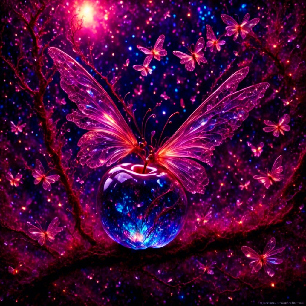 <lora:BioluminescenceStyle:1.0> <lora:PR Alcohol WC Glass:1.0> <lora:Cracked glass:1.0> <lora:Glass:1.0> an apple a folk...