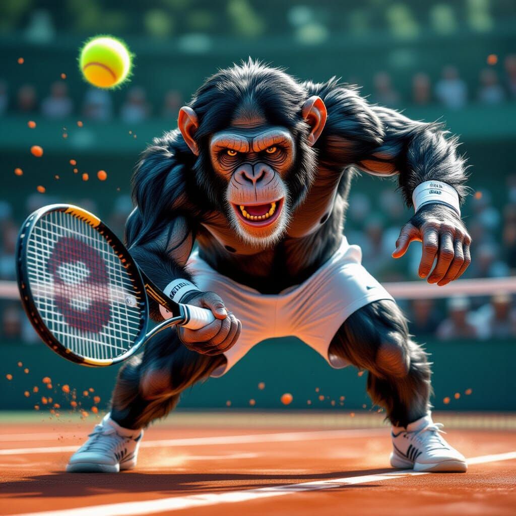Aggressive chimpanzee wearing tennis whites smashes a tennis ball on center court at Wombledon.