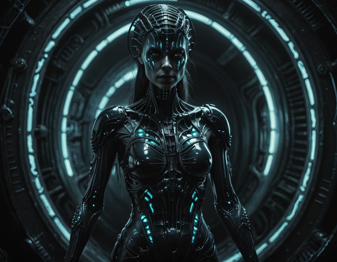 Bioluminescent Woman in Giger Style, Moody Lighting