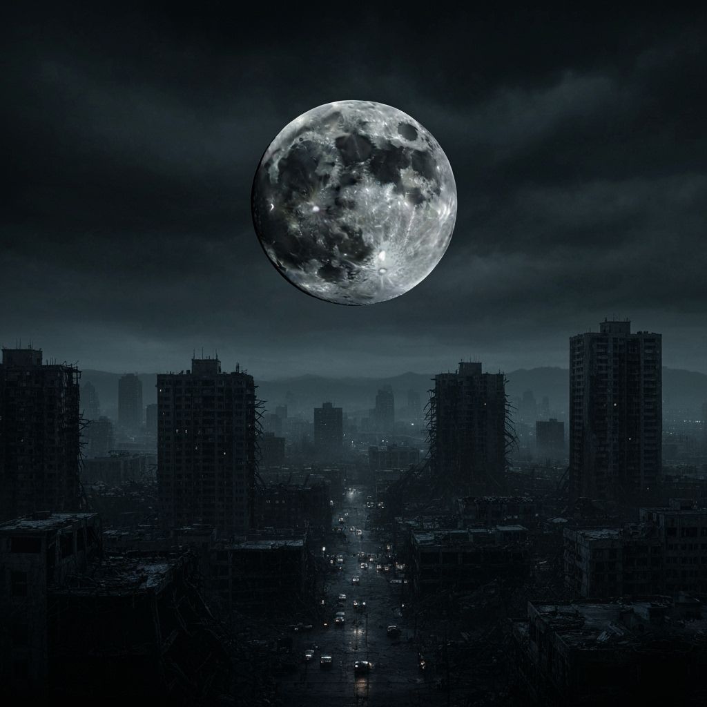Black Moon Rising Over Apocalyptic City
